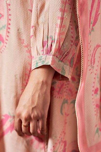 Women's Apricot Illusion Viscose Muslin Jacquard and Pink Print Salwar Suit