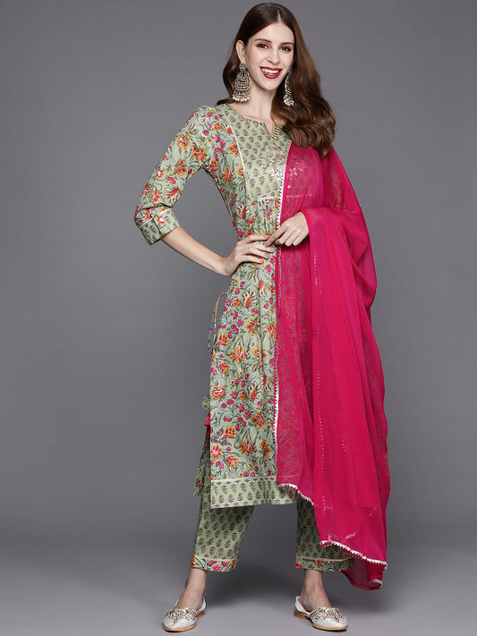 Dhiyona VR Women's Floral Printed Embroidered Kurta With Straight Pant And Chiffon Dupatta