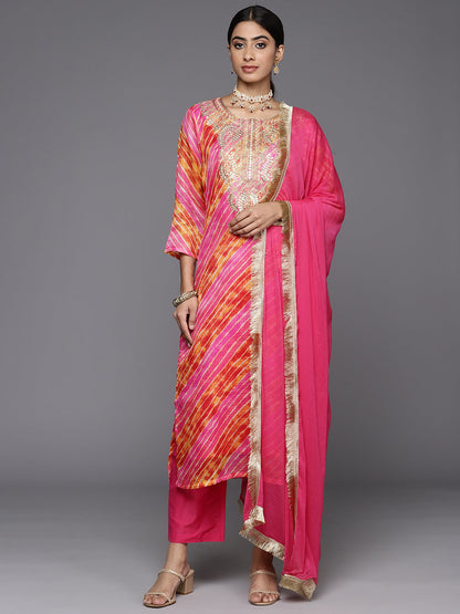 Dhiyona VR Women's Pink And Yellow Lehariya, Gota Embroidered Yoke Straight Kurta Paired With Tonal Bottom And Tonal Dupatta