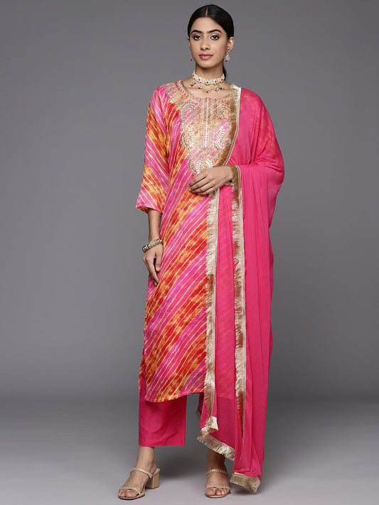 Dhiyona VR Women's Pink And Yellow Lehariya, Gota Embroidered Yoke Straight Kurta Paired With Tonal Bottom And Tonal Dupatta