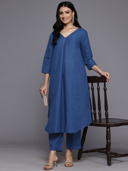 Dhiyona VR Women's Blue Solid A-Line Kurta Paired With Tonal Bottom