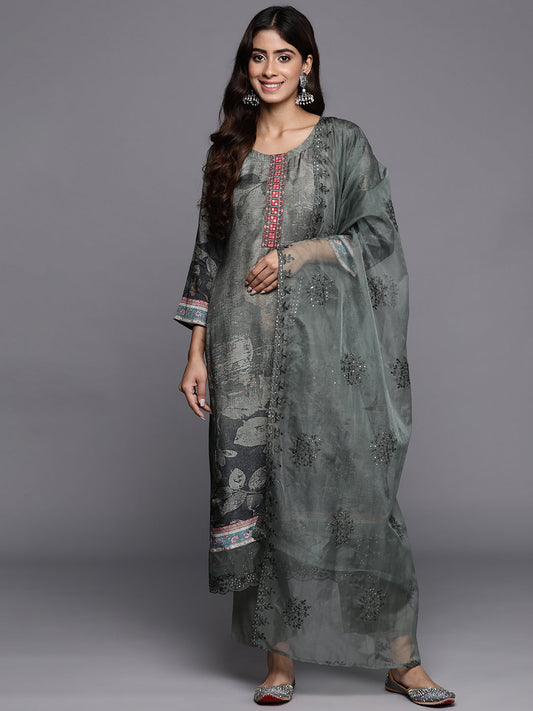Dhiyona VR Women's Green Floral Printed Straight Kurta Paired With Tonal Bottom And Tonal Organza Embroidered Dupatta