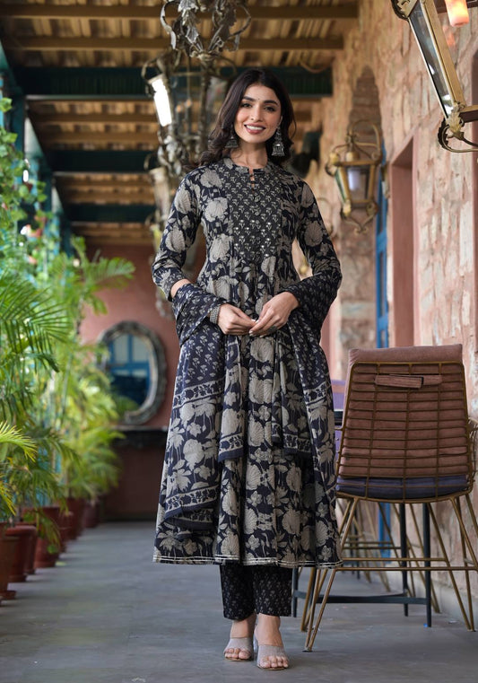 Dhiyona VR Women's Black Mandarin Collar Embellished Yoke Three-Quarter Sleeves Paired With Printed Bottom And Dupatta