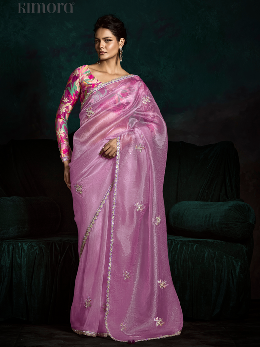 Dhiyona KM Women Pink Designer Organza Saree  “ A Blush Of Elegance
