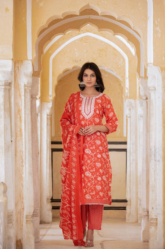 Dhiyona VR Women's Red Printed Round Neck Straight Kurta With Bottom And Dupatta