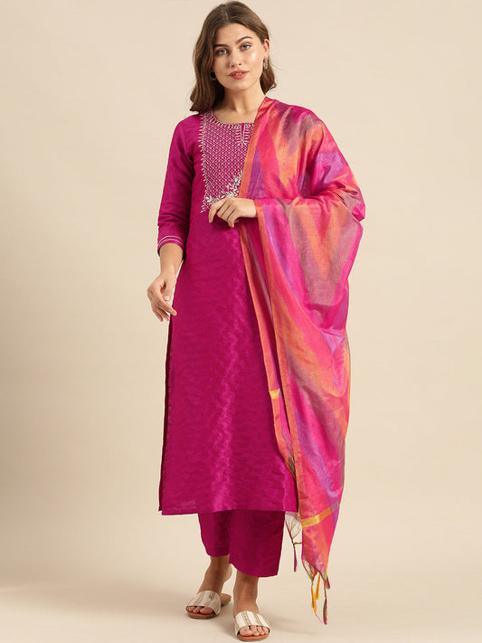 Dhiyona VR Women's Magenta Zari And Gota Patti Embroidery Kurta With Trouser With Multi Color Silk Dupatta