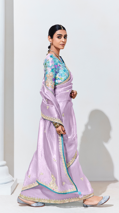 Dhiyona KM Women Royal Purple Silk Saree With Aqua Blue Blouse