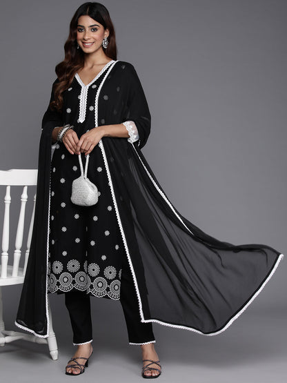 Dhiyona VR Women's Black Thread Embroidered Straight Kurta With Bottom And Dupatta