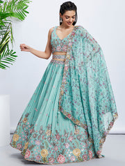 Women Turquoise blue Chiffon Sequins and thread embroidery  Lehenga choli & Printed Dupatta