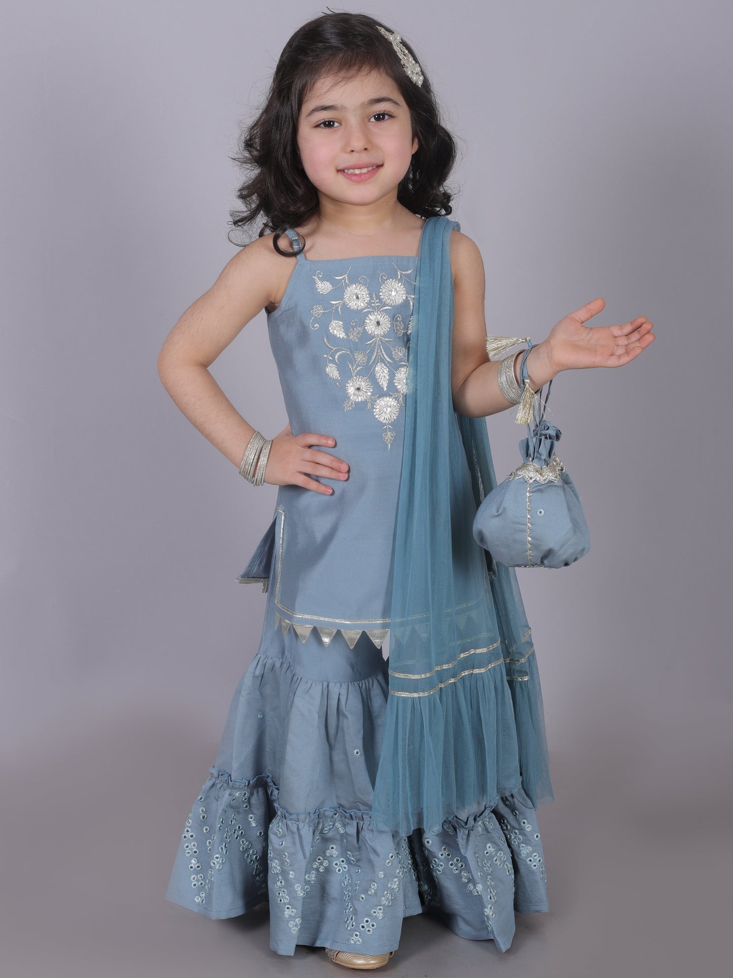 Zarqa Girls Blue Kurta with Sharara and dupatta set