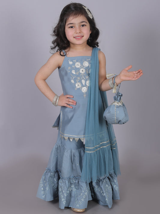 Zarqa Girls Blue Kurta with Sharara and dupatta set