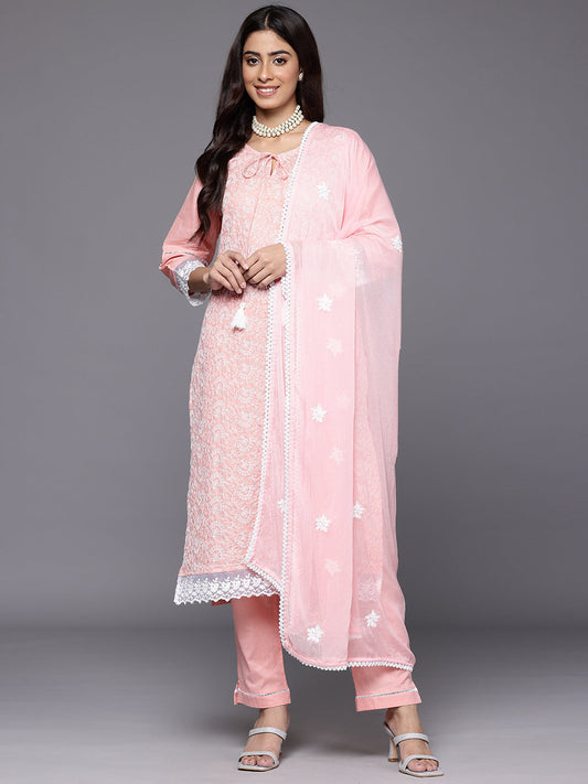 Dhiyona VR Women's Peach Round Neck Chikankari Straight Kurta With Bottom And Dupatta
