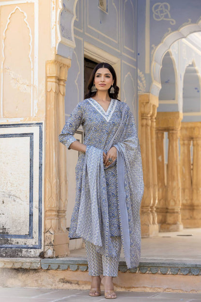 Dhiyona VR Women's Grey Embroidered V Neck Kurta With Printed Bottom And Dupatta