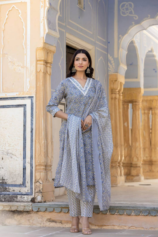 Dhiyona VR Women's Grey Embroidered V Neck Kurta With Printed Bottom And Dupatta