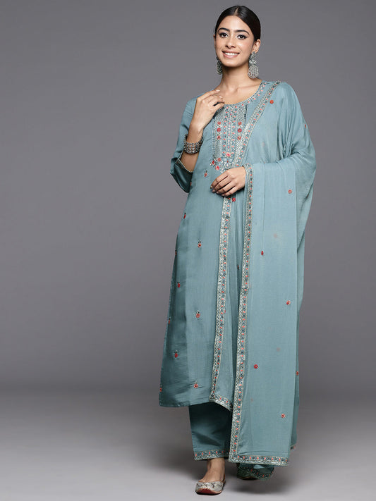 Dhiyona VR Women's Blue Embroidered Straight Kurta Paired With Tonal Bottom And Embroidered Dupatta