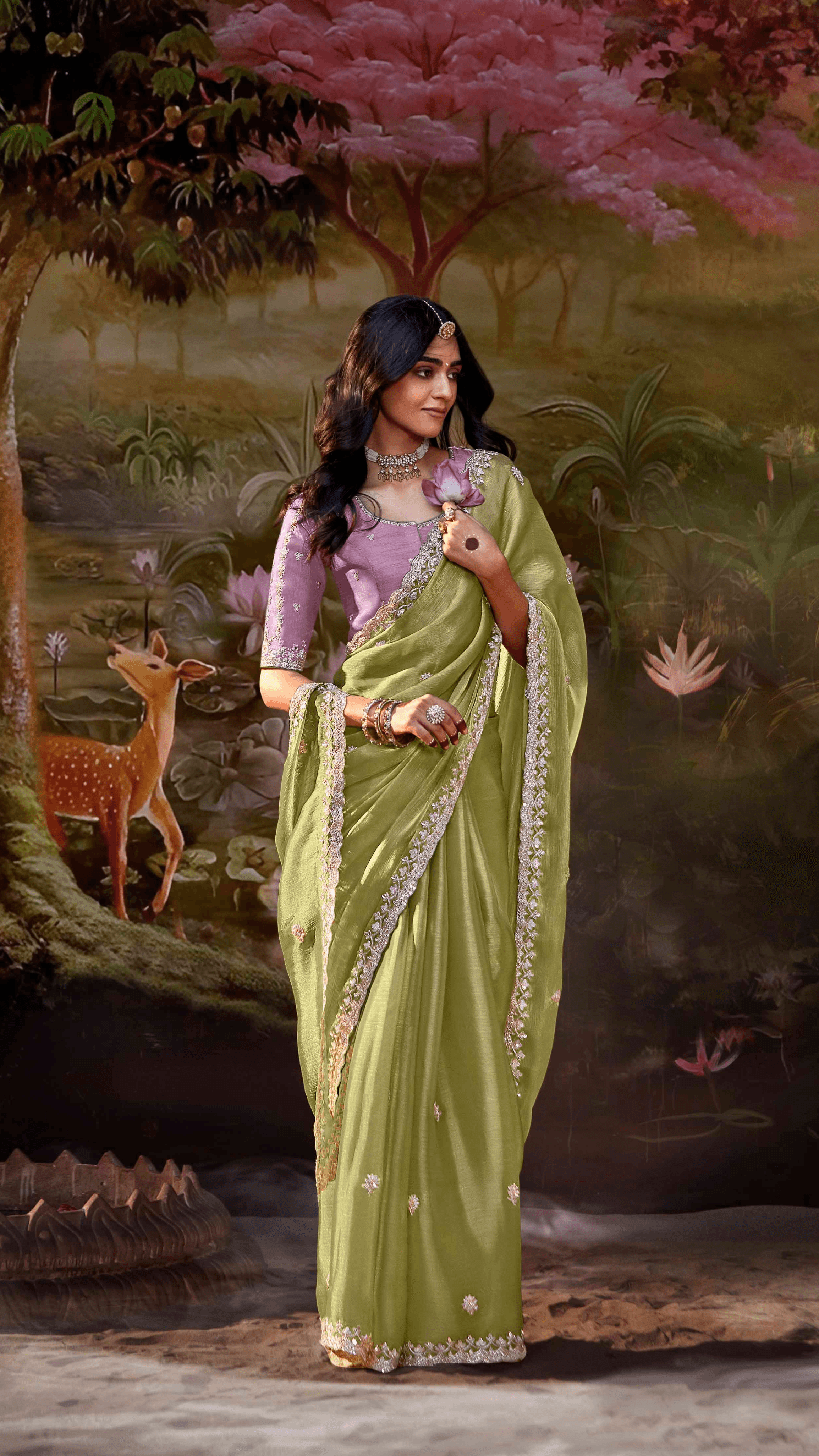 Dhiyona KM Women Light Green Tissue Silk Saree