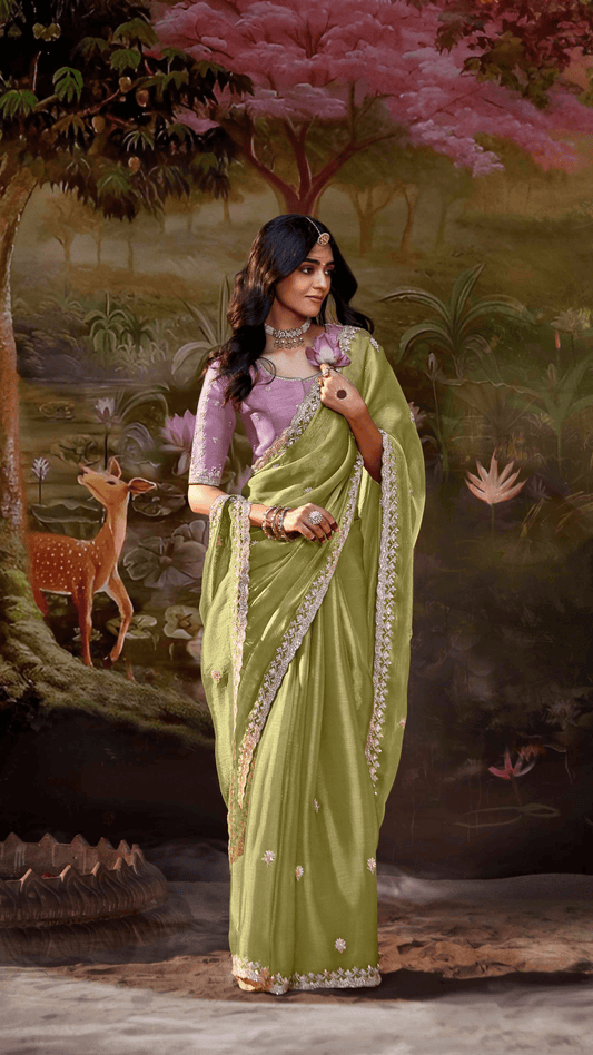 Dhiyona KM Women Light Green Tissue Silk Saree