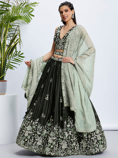 Women Olive Pure Georgette Sequins and thread embroidery  Lehenga choli & Dupatta