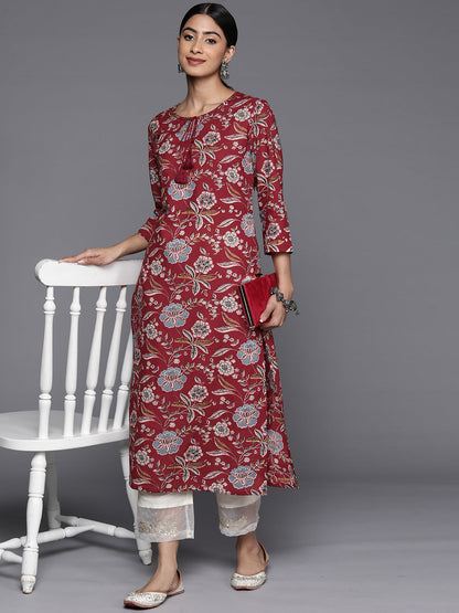 Dhiyona VR Women's Maroon Floral Printed Straight Kurta With Side Slits