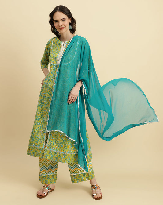 Dhiyona VR Women's Green Floral Printed A-Line Kurta Paired With Printed Palazzo And Chiffon Dupatta