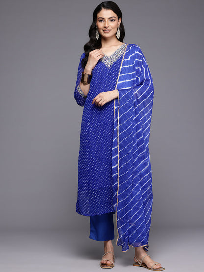 Dhiyona VR Women's Navy Blue Bandhani Zari And Sequins Emboridered Kurta Set With Dupatta
