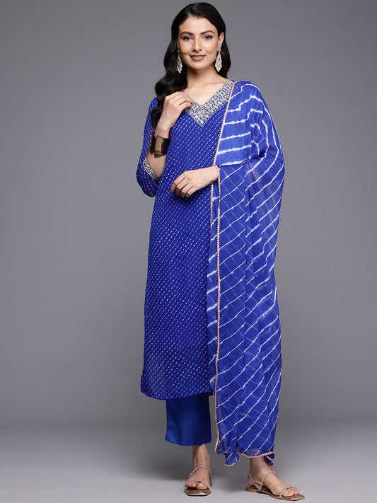 Dhiyona VR Women's Navy Blue Bandhani Zari And Sequins Emboridered Kurta Set With Dupatta