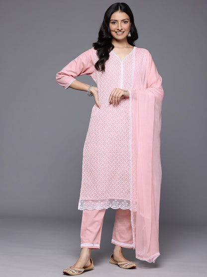 Dhiyona VR Women's Peach V Neck Chickankari Embroidered Kurta With Tonal Bottom And Chiffon Dupatta