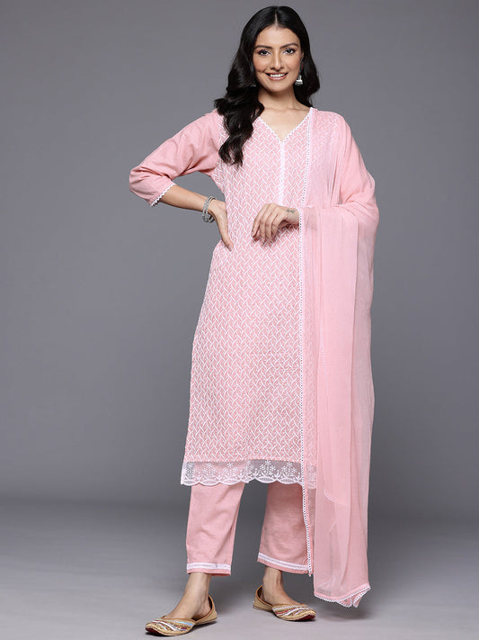 Dhiyona VR Women's Peach V Neck Chickankari Embroidered Kurta With Tonal Bottom And Chiffon Dupatta