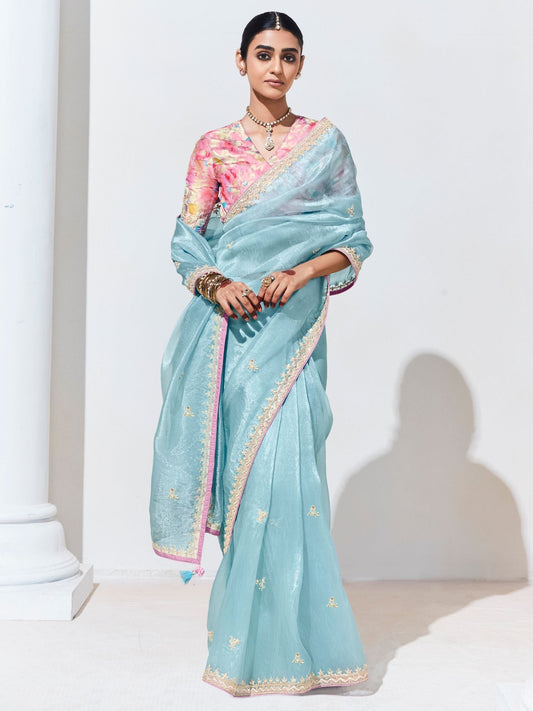 Dhiyona KM Women Sky Blue Silk Saree With Floral Blouse “ A Dreamy Ethnic Attire