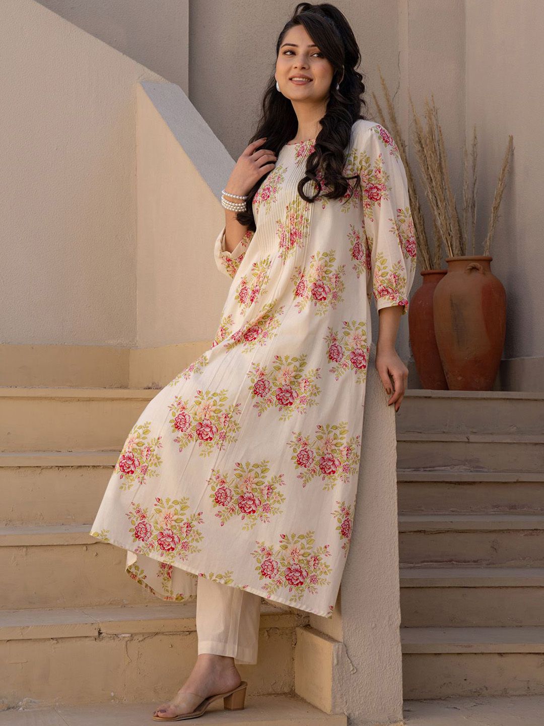 Dhiyona IE Floral Printed Pure Cotton Tunic With Trousers Co-Ords