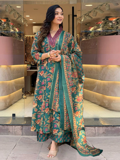 Dhiyona KL Women Floral Printed V-Neck Anarkali Kurta with Palazzos & Dupatta