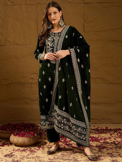 Dhiyona PD Women Floral Embroidered Straight Kurta With Trouser And Dupatta