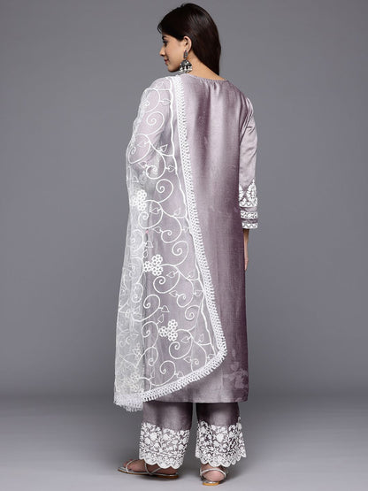 Dhiyona VA Women'sFloral Embroidered Thread Work Kurta With Palazzos & Dupatta