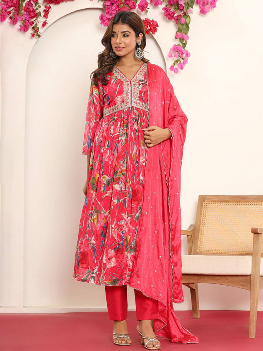 Dhiyona VA Women'sPink Gotta Patti Floral Embroidered V- Neck Empire Kurta With Trousers & Dupatta