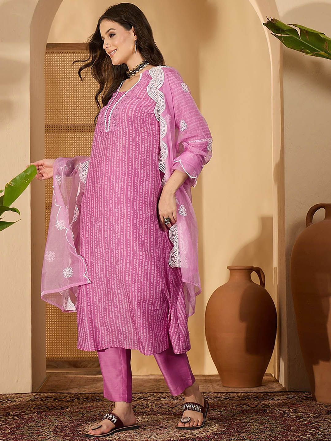 Dhiyona SN Women's Abstract Printed & Embroidered V-Neck A-Line Kurta With Trousers And Dupatta