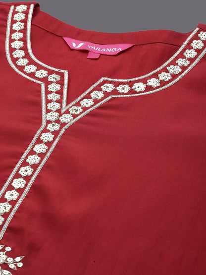 Dhiyona VA Women'sNotch Neck Ethnic Motifs Yoke Design Regular Sequinned Straight Kurta Set