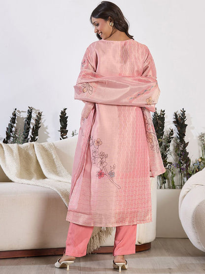 Floral Printed Round Neck Straight Kurta With Trousers & Dupatta