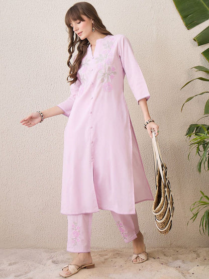 Dhiyona IE Floral Embroidered Mandarin Collar Thread Work Pure Cotton Kurta With Trouser