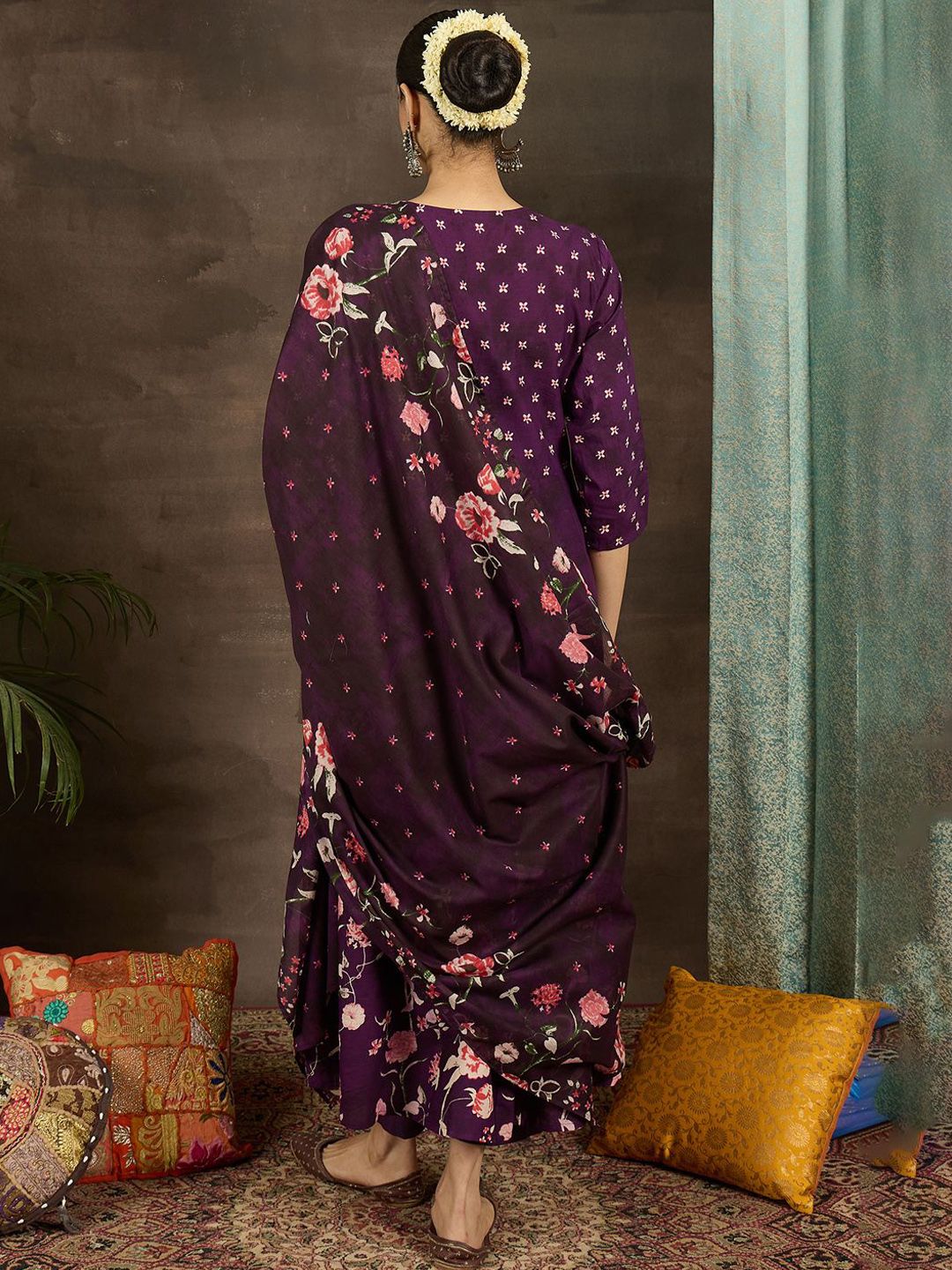 Floral Printed Pure Cotton Anarkali Kurta With Trousers & Dupatta