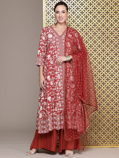 Dhiyona PD Women Jashn Ethnic Motifs Foil Printed A-Line Kurta With Palazzos & Dupatta