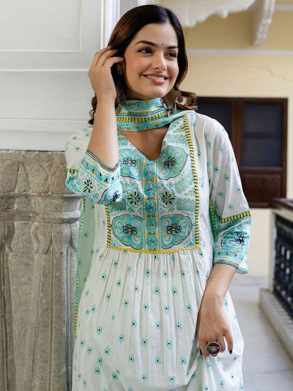 Dhiyona IE Floral Printed V-Neck Pleated Pure Cotton A-Line Kurta With Trouser And Dupatta