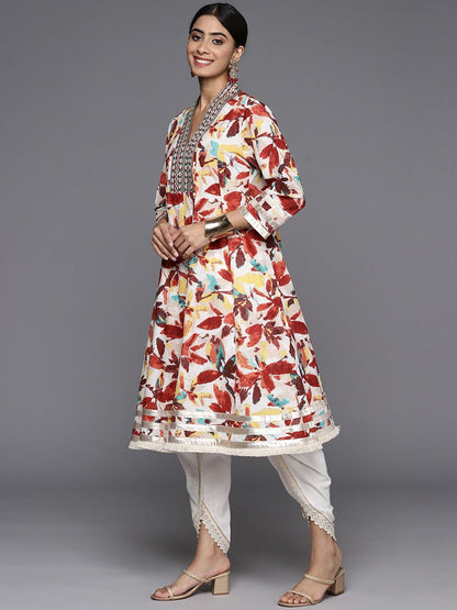 Dhiyona VA Women'sFloral Printed Panelled Mirror Work Pure Cotton Kurta With Dhoti Pants