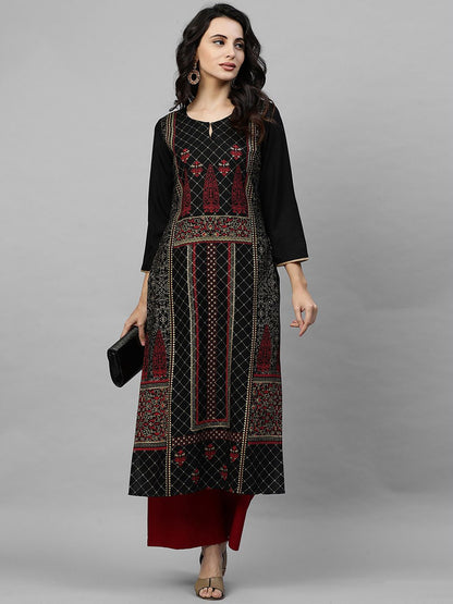 Dhiyona IE Women Black & Maroon Floral Print A-Line Kurta