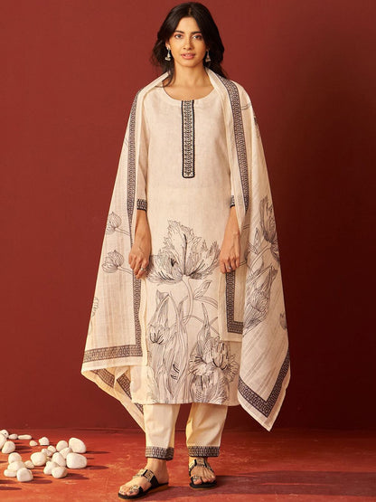 Dhiyona IE Floral Printed Linen Kurta With Trousers & Dupatta
