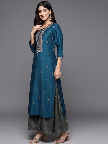 Dhiyona VA Women'sEthnic Motifs Thread Embroidered Sequinned Kurta with Sharara & Dupatta