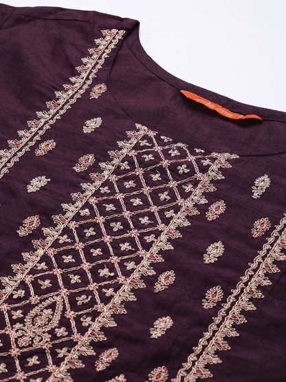 Dhiyona IE Women Purple Ethnic Motifs Yoke Design Thread Work Kurta with Trousers & Dupatta