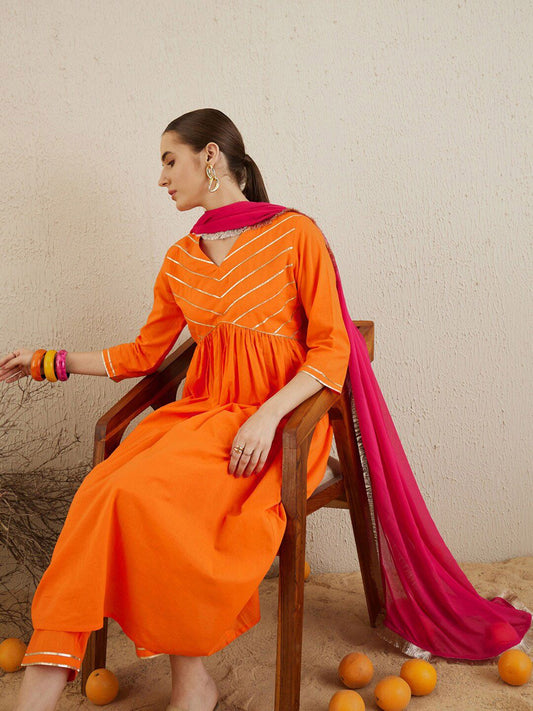 Dhiyona IE V Neck Empire Gotta Patti Pure Cotton Kurta Set