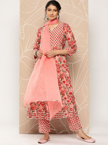 Dhiyona VA Women'sFloral Printed Empire Gotta Patti Pure Cotton Kurta With Trousers & Dupatta
