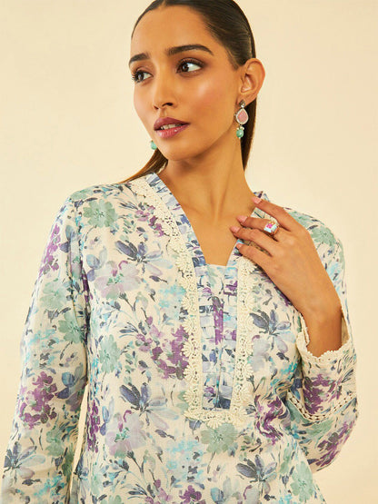 Dhiyona SO Women's Floral Printed Long Sleeves Straight Kurta With Trouser