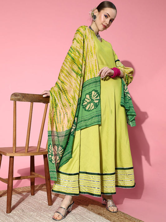 Dhiyona IE Women Stylish Green Liva Swirling Volume Kurta
